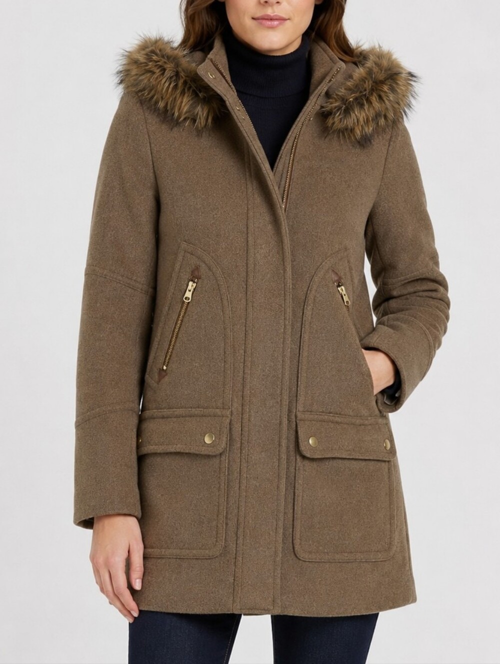 JCrew Chateau Parka Italian Stadium Cloth Faux Fur Camel Size 00P